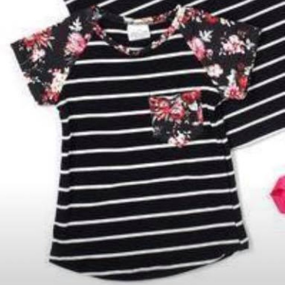 short sleeve Floral stripe pocket girls tee